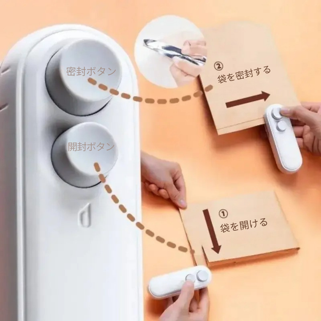 PlasticSealer™ ミニ袋シーラー(充電式・カッター付き)